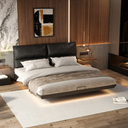Contemporary Floating Platform Bed with LED Ambient Lighting & Upholstered Headboard
